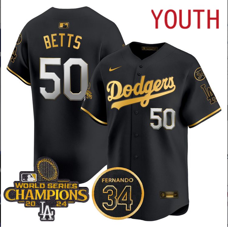 Youth MLB Los Angeles Dodgers 50 Betts black 2024 World Series Champions Patch Limited Jersey